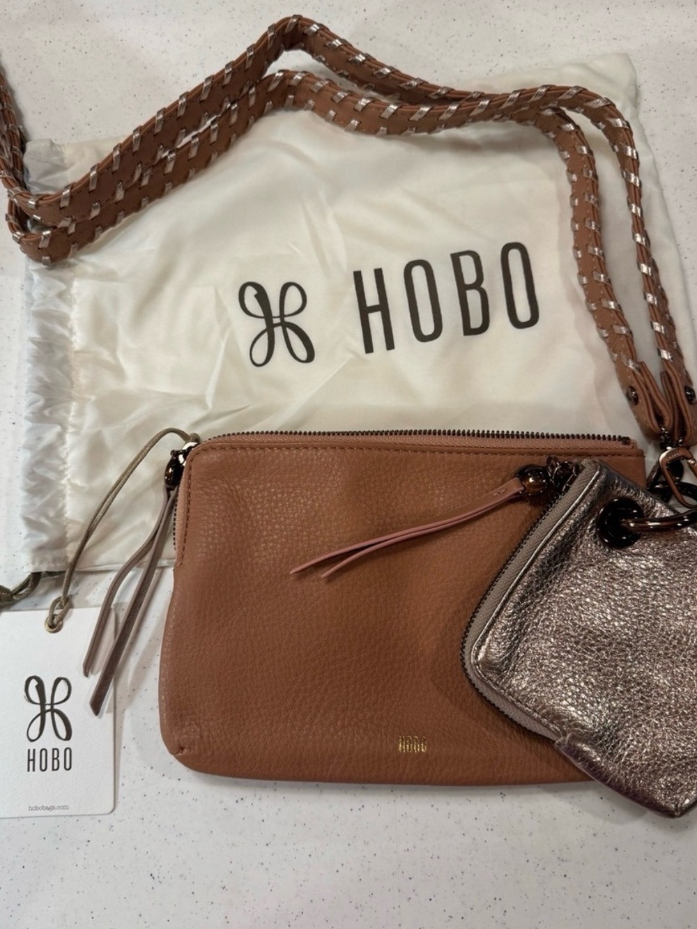 HOBO Chestnut Pebbled Leather Crossbody with Metallic Rose Pouch